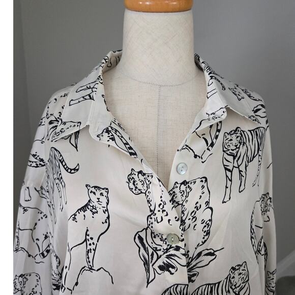 Cynthia Rowley 100% Silk Big Cats Buttoned Long Sleeve Shirt Size L - Picture 3 of 5
